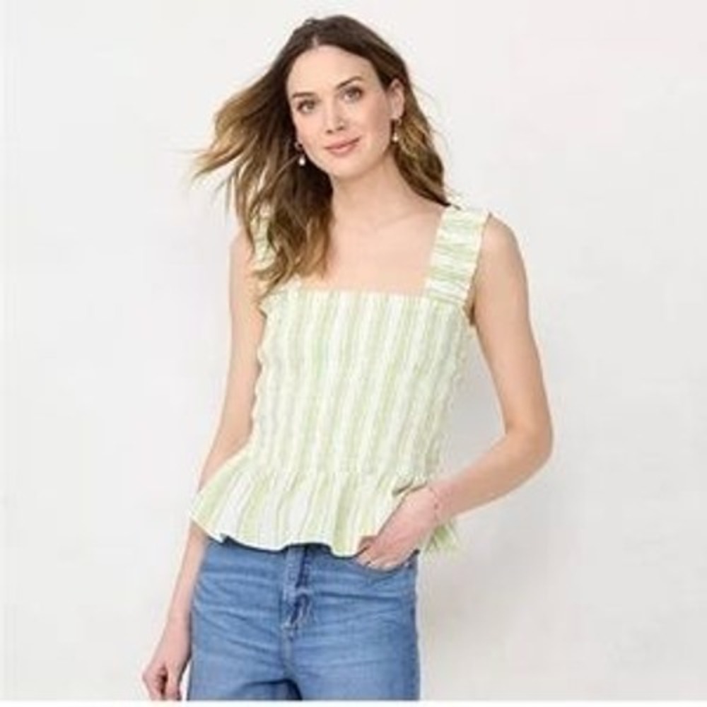 Smocked Peplum Tank Green Stripe Cottagecore Babydoll Ruffle Summer Top
